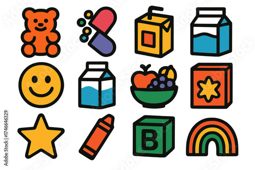 Children's Vitamin Icons. Children’s vitamins silhouette set. gummy bear, colorful capsule, juice box, lollipop, smiling face, milk carton, fruit bowl, toy block, storybook, star