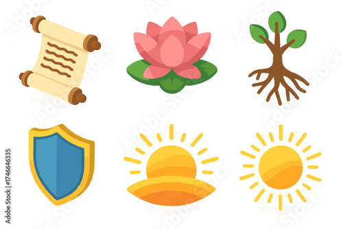 Modern Blessing Icons. Traditional blessing isometric set. chant scroll, blooming flower, ancestral roots, radiant aura, protective shield, sunrise horizon