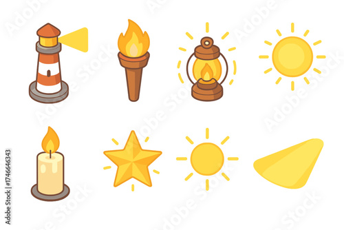 Guiding Light Icons. Guiding light isometric set. lighthouse beam, torch glow, bright sun, lantern with aura, candle flame, glowing star, radiant circle, path of light.
