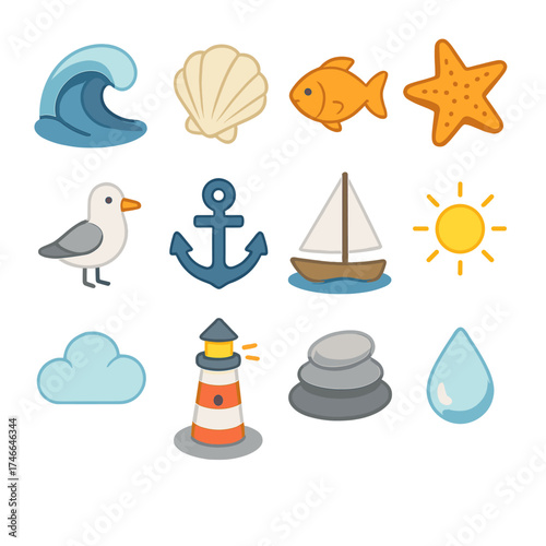 Ocean Icon Set. Ocean wave isometric set. wave, shell, fish, starfish, seagull, anchor, sailboat, sun, cloud, lighthouse, pebble, droplet.