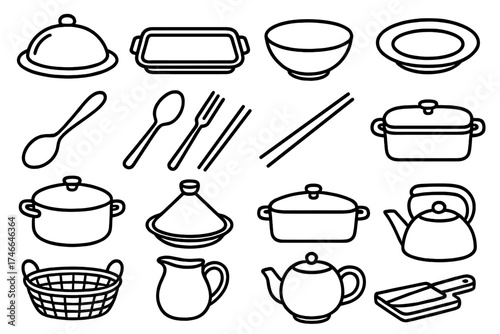 Dining Utensil Outlines. Serving items outline set. platter, tray, bowl, plate, spoon, fork, chopsticks, ladle, clay pot, tagine, casserole dish, wooden board, cutting knife