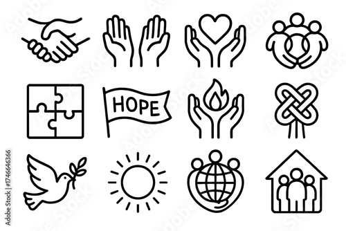 Symbols of Unity. Support visuals outline set. handshake, open hands, heart in hands, group circle, puzzle pieces, banner of hope, shared flame, unity knot, dove, olive branch