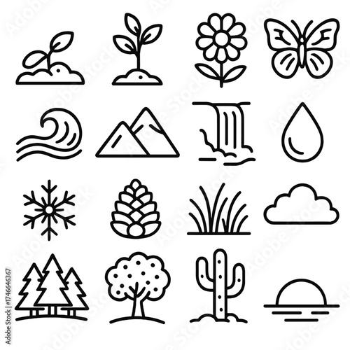 Nature's Growth Phases. Nature imagery outline set. sprouting seed, young plant, blooming flower, butterfly, river wave, mountain silhouette, waterfall, rain droplet, snowflake
