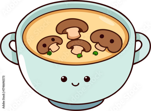 Kawaii Mushroom Soup Vector – Cute Cartoon Bowl with Smiling Mushrooms and Happy Face Pastel Clipart Isolated