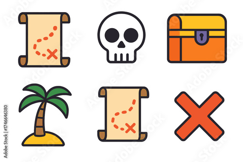 Minimalist Treasure Icons. Treasure map flat icon set. scroll, dotted path, skull, chest, palm tree, X mark.