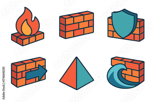 Isometric Firewall Icons. Abstract firewall isometric set. flame, barrier, arrow, shield, prism, wave.