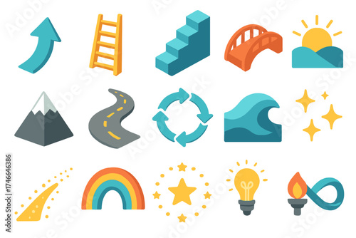 Progress Icons Set. Progress symbols isometric set. upward arrow, ladder, staircase, bridge, rising sun, mountain peak, path forward, circle of arrows, flowing wave, sparkles