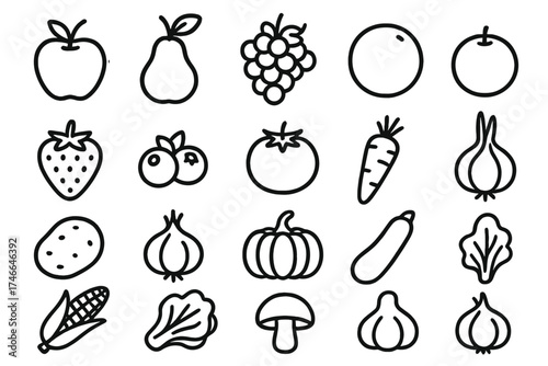 Farm Fresh Outlines. Farm goods outline set. apple, pear, grape bunch, orange, strawberry, blueberry, tomato, carrot, potato, onion, pumpkin, zucchini, corn cob, lettuce, mushroom