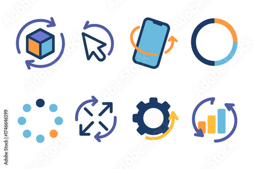 Dynamic Icon Rotation. Digital rotation flat icon set. 3D cube spin, cursor rotate, screen orientation, progress circle, loading dots, transform icon, settings gear, diagram arrows