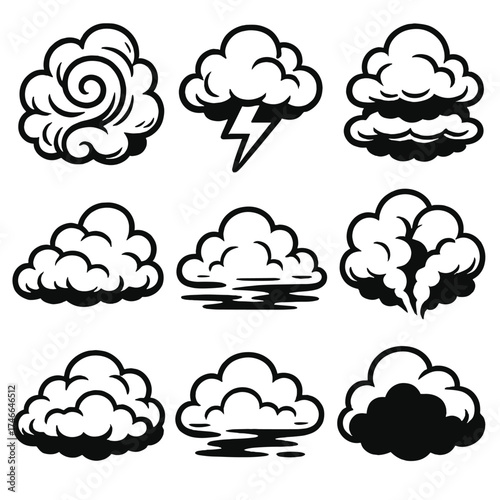 Dramatic Storm Clouds. Dramatic skies outline set. swirling cloud, glowing lightning cloud, layered storm cloud, rolling thundercloud, glowing horizon cloud, split storm cloud