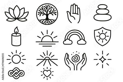 Wellness Symbols Collection. Wellness visuals outline set. lotus flower, tree of life, open hand, balanced stones, candle flame, sunrise, rainbow, shield with sun, glowing circle