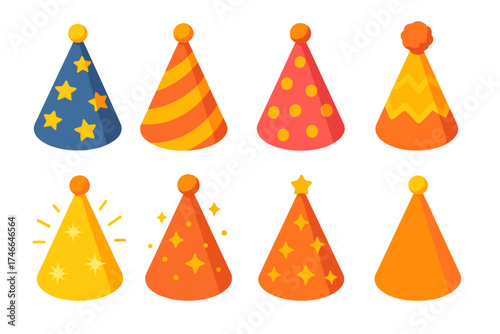 Colorful Party Hats. Cheerful hat isometric set. cone with stars, striped party hat, dotted festive cone, pompom topper, hat with zigzag, glowing party hat, sparkling hat, bright