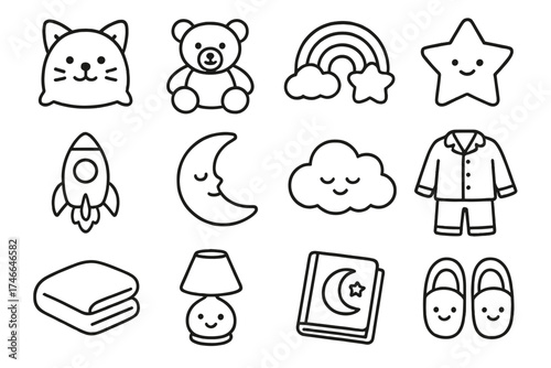 Playful Sleep Icons. Kids’ pillows outline set. animal-shaped cushion, toy bear, rainbow, star pillow, rocket, moon pillow, cloud cushion, blanket, night lamp, storybook, pajamas
