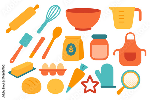 Colorful Baking Essentials. Baking items flat icon set. rolling pin, whisk, mixing bowl, measuring cup, spatula, wooden spoon, flour bag, sugar jar, butter stick, egg carton