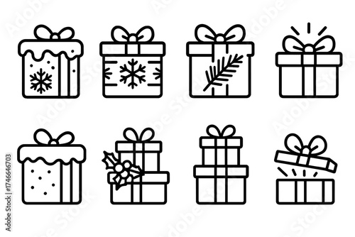 Festive Gift Icons. Holiday stack outline set. snowy gift, ornamented gift, pine-decorated gift, glowing ribbon gift, frosted gift, festive bundle, stacked holiday gifts, surprise