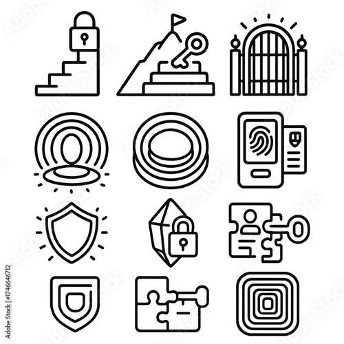 Futuristic Access Icons. Access Level Creative outline set. staircase with lock, mountain with access tiers, glowing key unlocking levels, gate with aura, portal with tiers