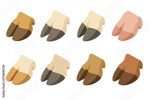 Farm Animal Hoof Icons. Farm paws isometric set. cow hoof, goat hoof, sheep hoof, pig trotter, horse hoof, donkey hoof, llama hoof, ox hoof.