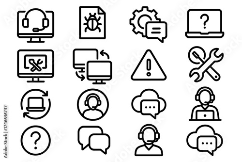Tech Support Icons. Tech Support outline icons. computer with headset, bug report icon, gear with chat bubble, laptop help, online troubleshooting, remote desktop, error warning