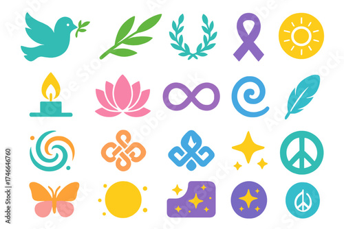Minimalist Peace Symbols. Peace symbols flat icon set. dove, olive branch, laurel wreath, ribbon, candle flame, lotus flower, infinity loop, radiant sun, cosmic swirl, harmony knot