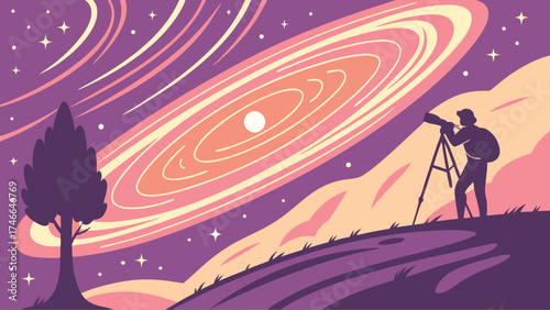 Astrophotography Silhouette Night Sky Galaxy Stars Landscape Person with Camera on Tripod.