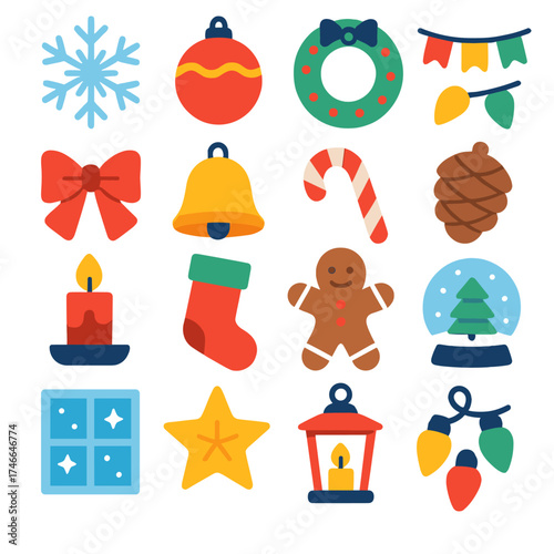 Festive Holiday Icons. Holiday extras flat icon set. snowflake, ornament, wreath, garland, festive bow, jingle bell, candy cane, pinecone, festive candle, stocking, gingerbread man