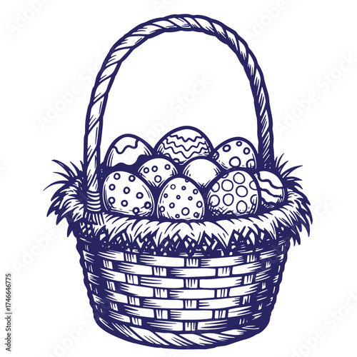 Hand drawn vintage easter basket filled with decorated eggs for spring holiday celebration
