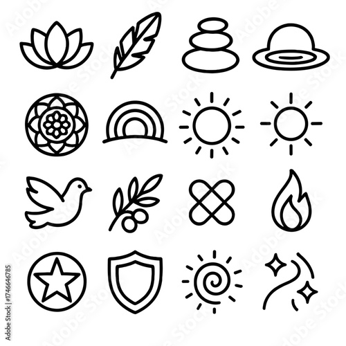Calm Symbols Illustration. Calm symbols outline set. lotus flower, feather, balanced stones, ripple in water, mandala, rainbow arc, aura circle, glowing orb, dove, olive branch
