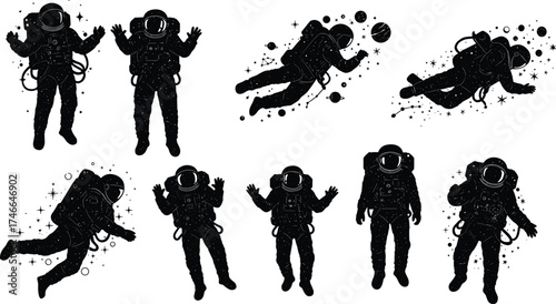 “Astronaut silhouette vector set with space exploration poses, floating in zero gravity, stars, planets, cosmic design for science illustration”