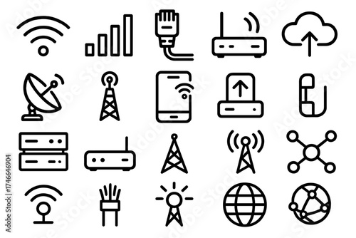 Connection Icons Collection. Connection outline icons. wifi symbol, signal bars, ethernet cable, router, satellite dish, antenna, smartphone signal, cloud connection, server, modem
