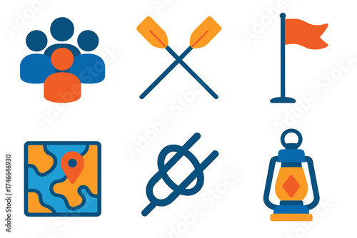 Sailing Crew Icons. Crew flat icon set. team circle, oars, flag on mast, knot rope, map, lantern.