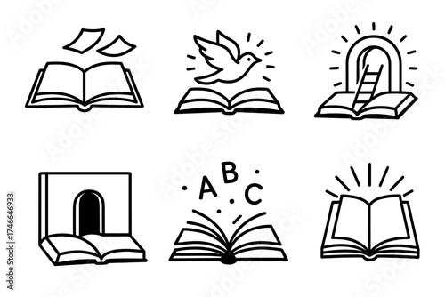 Book of Imagination. Book escape outline set. open book, flying pages, bird from book, glowing portal, ladder from book, doorway in pages, floating letters, radiant book.