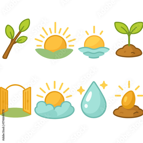 Isometric Renewal Icons. Renewal isometric set. budding branch, bright sunrise, breaking dawn, new sprout, open gate, radiant sky, shining droplet, glowing seed.