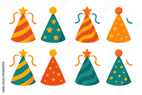 Vibrant Party Hat Icons. Holiday hat flat icon set. cone with streamers, starry design, pompom top, swirled stripes, party cone, decorated topper, glowing dots, cheerful hat.
