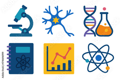 Scientific Exploration Icons. Scientific Networking flat icon set. microscope, neuron spark, DNA strand, chemical flask, atom, research notebook, experiment chart, data nodes.