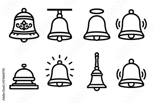 Ornate Hanging Bells. Sacred bell outline set. ornate bell, hanging bell, bell with halo, ringing bell, altar bell, glowing bell, ceremonial bell, sound waves.