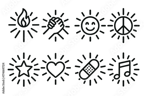 Sparks of Unity and Hope. Symbolic sparks outline set. hope spark, unity spark, joy spark, peace spark, guiding spark, love spark, healing spark, harmony spark.
