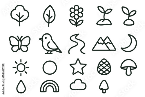 Nature Outline Icons. Nature outline icons. tree, leaf, flower, sprouting seed, butterfly, bird, river, mountain, sun, moon, star, cloud, rain droplet, rainbow, pinecone, mushroom