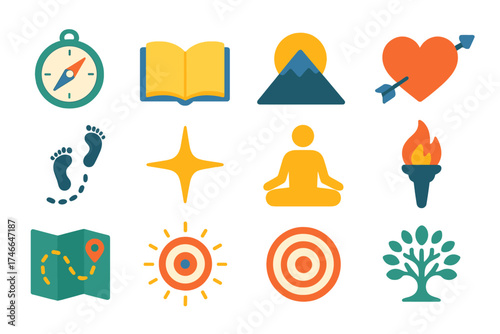 Journey of Purpose Icons. Life purpose flat icon set. compass, open book, mountain peak, sunrise, heart with arrow, footprints path, guiding star, meditating figure, torch flame