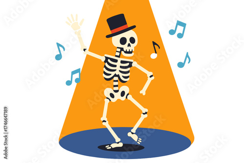 Dancing Skeleton Performance. Skeleton dance flat icon set. dancing skeleton, musical notes, top hat, spotlight beam, bony hand wave, stage floor