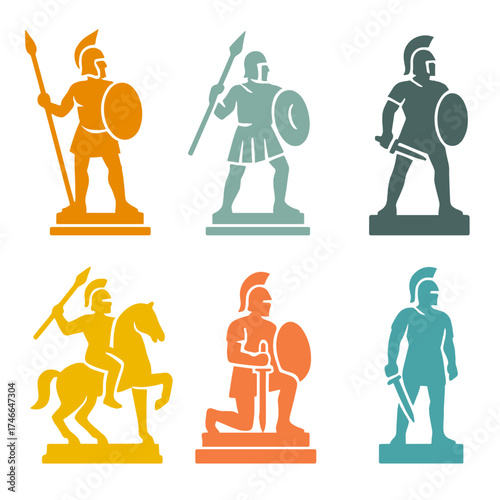 Vibrant Warrior Statues. Classic statues flat icon set. bronze warrior statue, stone warrior statue, marble warrior statue, iron warrior statue, ancient warrior statue, mounted