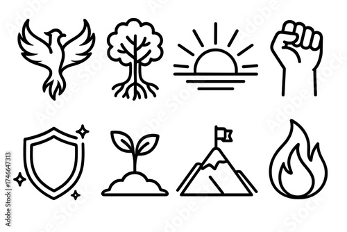 Empowerment Icons Collection. Overcoming icon outline set. phoenix silhouette, tree with roots, sunrise beam, raised fist, shield with glow, sprouting seed, mountain summit, strong