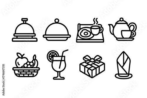Elegant Hospitality Icons. Hospitality serving outline set. hotel bell, room service tray, breakfast in bed, tea set, fruit basket, welcome drink, wrapped chocolate, folded napkin.