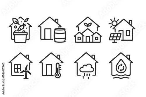 Sustainable Living Icons. Sustainable living outline set. compost house, rain barrel house, community eco house, off-grid house, natural light house, insulated house, low-carbon