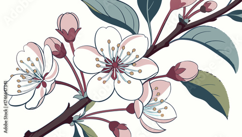 Blooming Branch with Delicate Flowers and Buds Spring Floral Illustration for Design Projects.