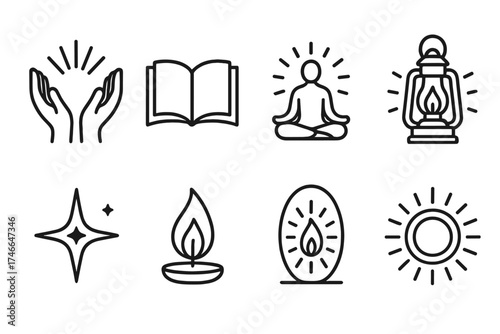 Sacred Symbols at Sunset. Sacred dusk outline set. hands in light, open scripture, sunset horizon, meditating figure, glowing lantern, night star, calm flame, sacred aura.