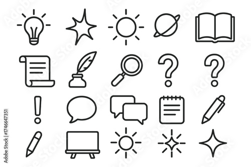 Idea Icon Collection. Idea symbols outline set. light bulb, spark, glowing orb, book, scroll, quill, magnifying glass, question mark, exclamation mark, speech bubble, dialogue box