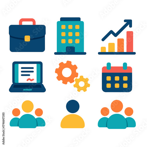 Business Icon Set. Business agreement flat icon set. briefcase, office building, bar chart, meeting table, laptop with contract, gears collaboration, calendar, team icons.
