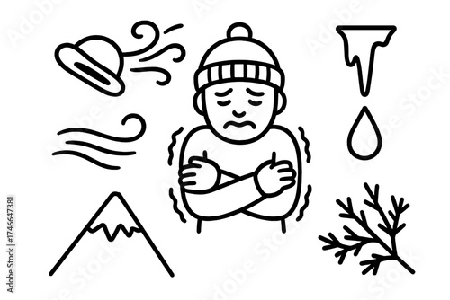 Chilly Mountain Breeze. Chilly breeze outline set. gust lines, shivering figure, icy droplet, mountain peak, flying hat, frosted branch