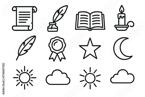 Iconic Story Elements. Story scroll outline set. rolled parchment, quill, ink bottle, open book, candle, feather, ribbon, seal, star, moon, sun, cloud.