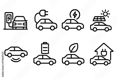 Charging Car Icons. Charging outline icons. car at charging station, plug-in car, fast charge car, solar-charged car, wireless charging car, battery swap car, green energy car